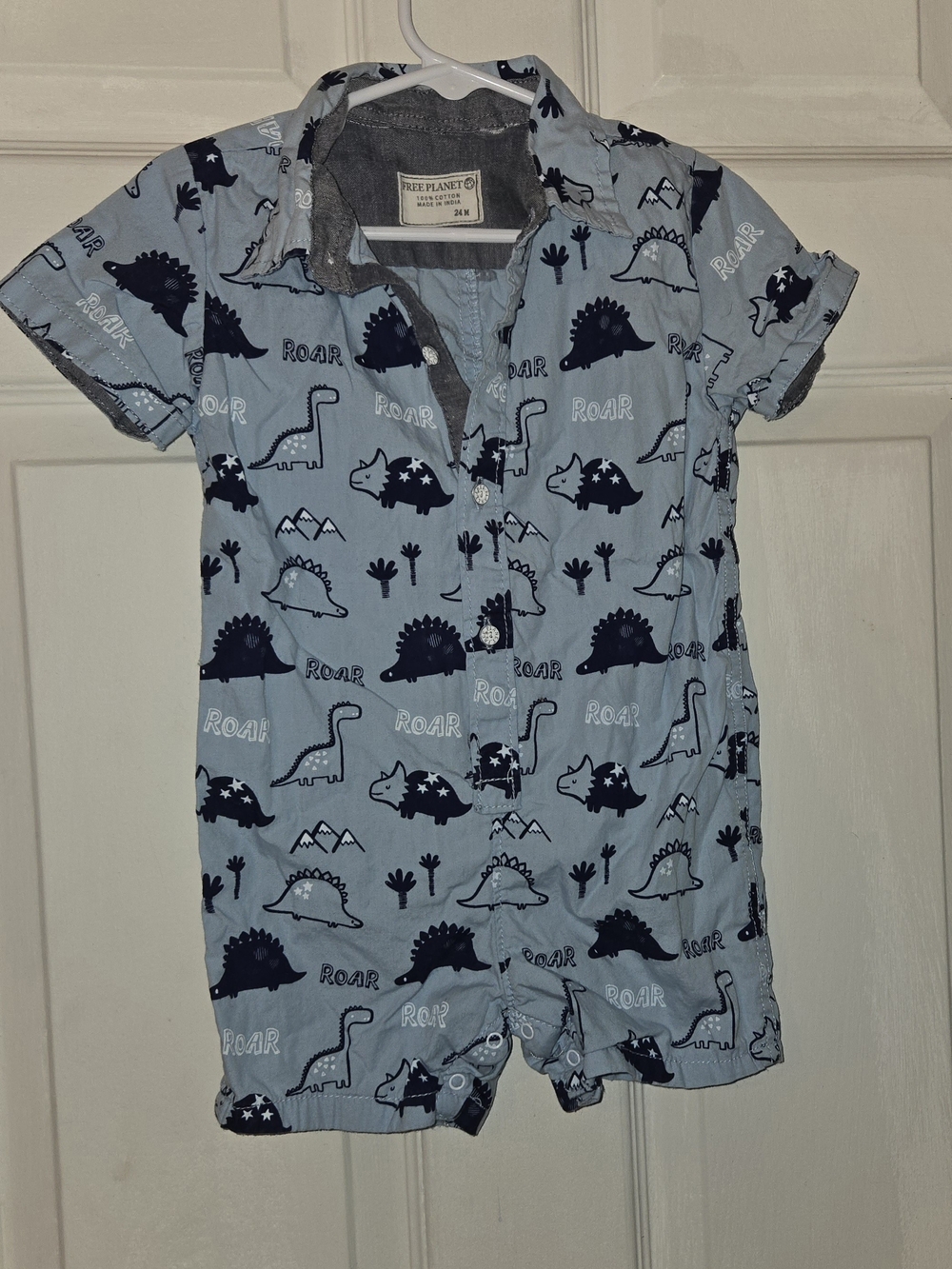 Free Planet Light Blue and Navy Dino Button-Front One-Piece Romper SZ 24M